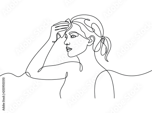 Continuous line drawing of a woman wiping her forehead expressing thought while feeling heat or relief