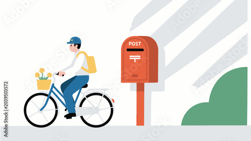 Delivery man riding bicycle near post box illustration