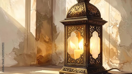 A decorative lantern with lit candles sits on a wooden surface indoors