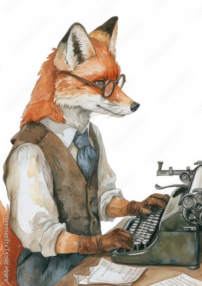 Naklejka premium Fox with spectacles watercolor animal mammal adult.