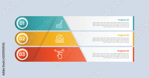 Pyramid base shape infographic with glossy gradient style with simple triangle with long rectangle extrusion with circle badge inside with three segment information