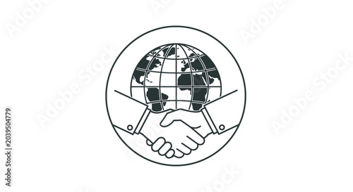 Handshake with globe and swords icon.