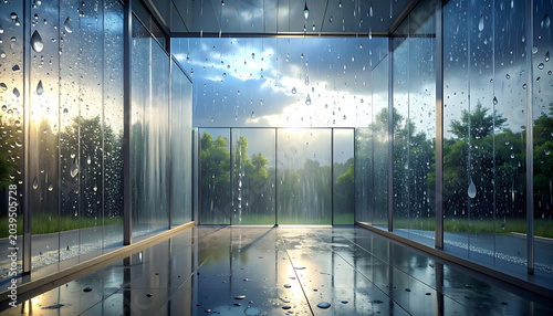 Raindrops on modern glass walls with sunbeams breaking through clouds, tranquil outdoor view, nature scene