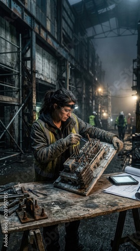 Industrial Artisan Focused On Meticulous Restoration Work In A Manufacturing Factory Setting