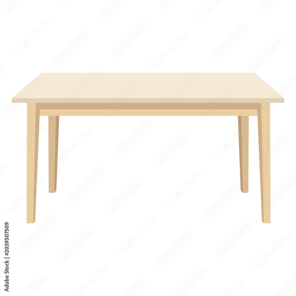 Fototapeta premium Front view long dining or writing study desk in light cream wood timber finish in flat vector style