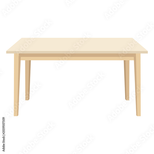 Front view long dining or writing study desk in light cream wood timber finish in flat vector style