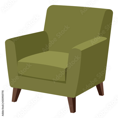 Classic armchair sofa couch with olive green fabric upholstery and thick arms in flat vector style
