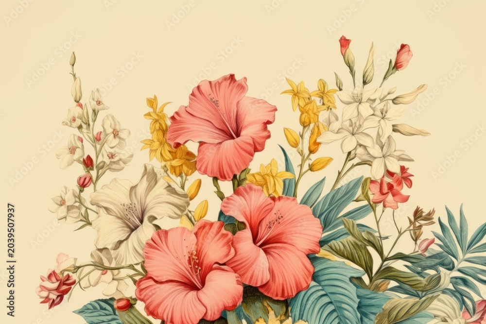 Fototapeta premium Vintage drawing of flowers hibiscus pattern plant.
