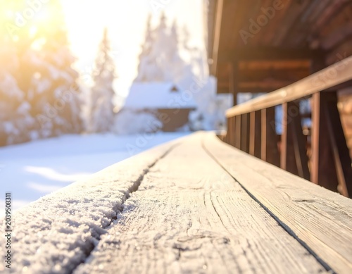 A snow-covered wooden deck overlooks a serene winter landscape