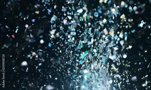 a shower of blue and silver confetti cascading downwards, sparkling like tiny stars