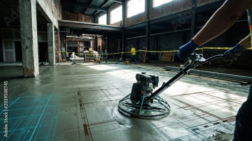 Industrial Concrete Floor Polishing in Progress with Power Trowel on Construction Site