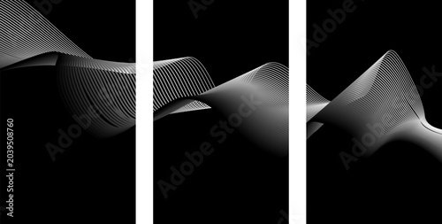 Fotografie Abstract triptych art with monochrome flowing wave patterns on dark background a