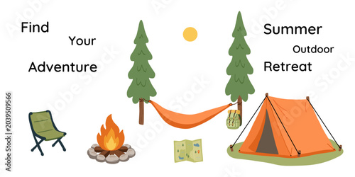 Schilderij op canvas A camping poster featuring tent, campfire, and hiking symbols