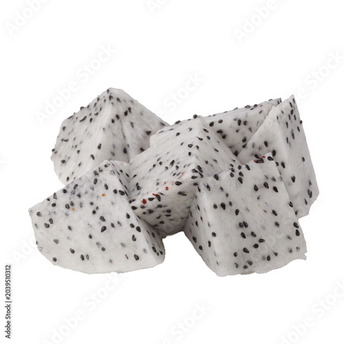 Red dragon fruit halves and slices showing juicy flesh on a white background