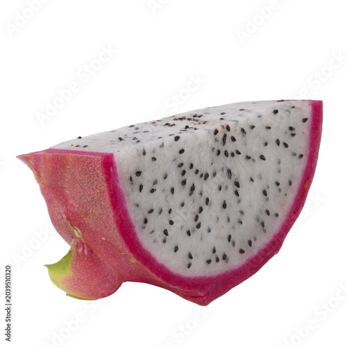Red dragon fruit halves and slices showing juicy flesh on a white background