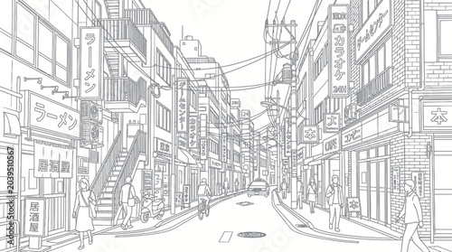 Japanese urban street background illustration in line art.