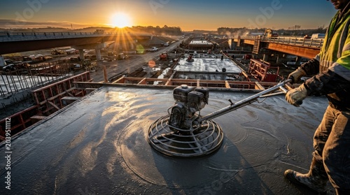 Industrial Construction Site With A Worker Using A Power Trowel At Sunrise