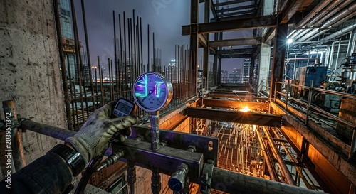 Industrial Construction Site with Gauge Reading and Welding Sparks at Night