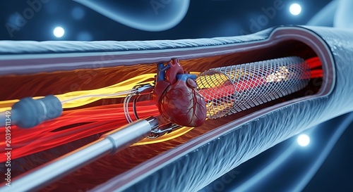 Angioplasty Procedure Illustrating Stent Placement in Coronary Artery.