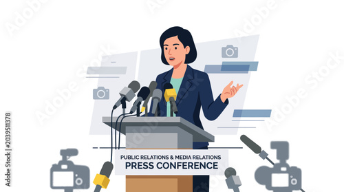 Photos Woman spokesperson speaking at press conference podium with microphones