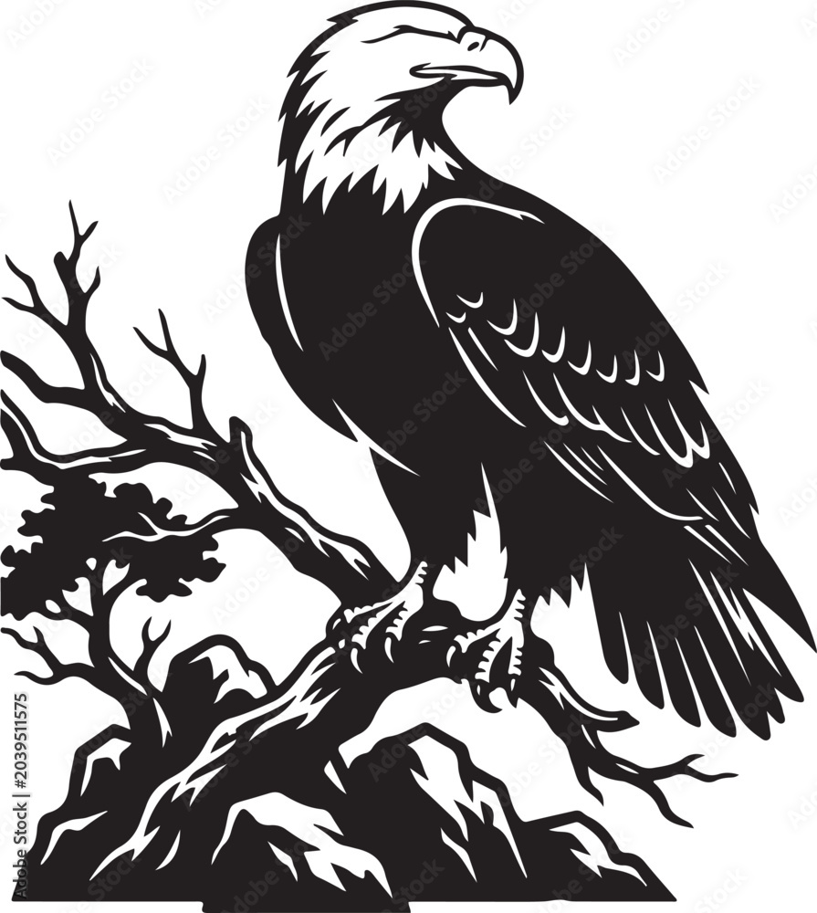 Obraz premium Bald eagle, bird, black, white, vector, illustration, wildlife, symbol, icon
