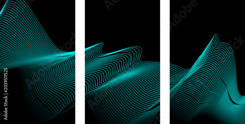 Foto Digital abstract teal wave triptych layout with abstract triptych particle backg