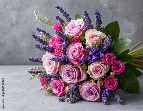 A trendy modern bouquet with roses and lavender on a gray background. Holiday flowers. Floral card