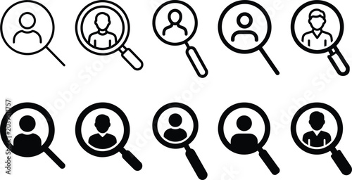 Set of magnifying glass icons with user profile silhouette, search people, find employee, recruitment, human resources concept