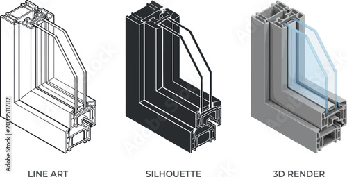 Cross section of a double glazed window frame showing construction details in line art, silhouette, and 3d render styles