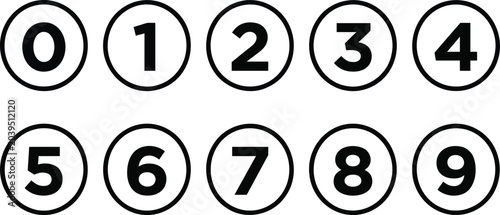 Set of numbers from zero to nine in black circles