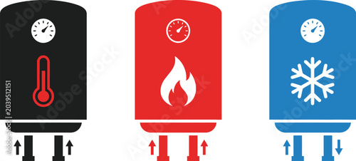 Set of water heater icons, electric, gas and cooling boiler symbols