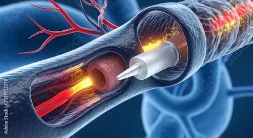 Medical Procedure Catheter Insertion into Artery with Blood Flow.