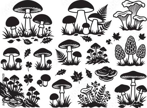 Black mushroom icons, fungi illustrations, vector set, 25 elements, white background