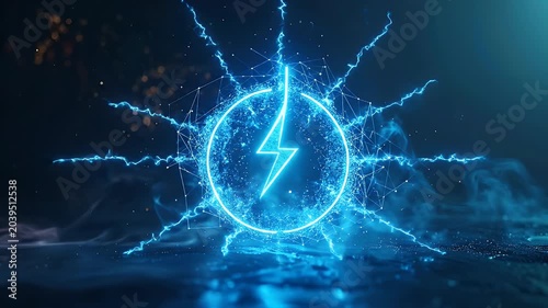 Electric Bolt Icon in Blue Neon Surrounded by Smoke and Sparks on Dark Surface with a Dreamy Ethereal Look