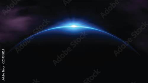 Картината върху платно Abstract blue planet horizon with bright sunrise flare planet surface space back