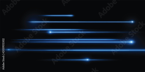 Foto Multiple parallel glowing blue light streaks on black background with parallel a