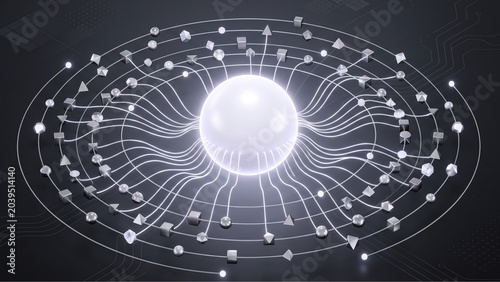 Pristine luminous core orchestrating diverse geometric elements in smooth orbit