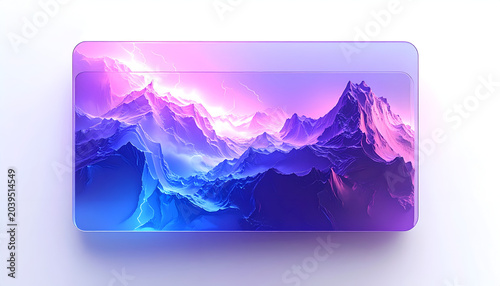Abstract digital landscape of dramatic purple and blue mountains with lightning strikes