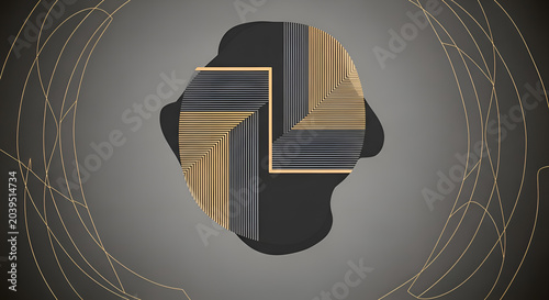 Abstract geometric shapes with golden and silver lines on a dark gradient background