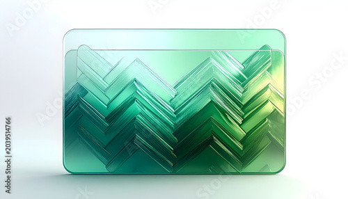 Abstract geometric zigzag pattern of translucent green glass layers modern design 3D render