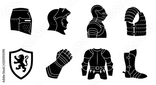Obraz na płótnie Medieval Knight Armor Set, Historical Warrior Protection Icons, Vintage Metal Su