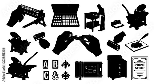 Foto Vintage Printing Press Icons, Silhouettes of Letterpress Equipment, Typography T