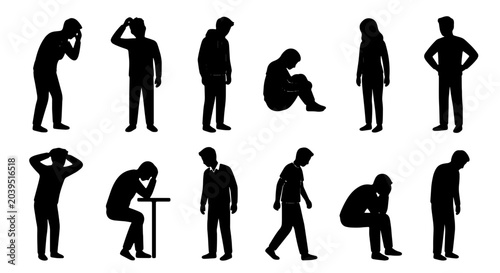 Schilderij op canvas Collection of Black Silhouette Figures Depicting Sadness, Despair, and Mental He