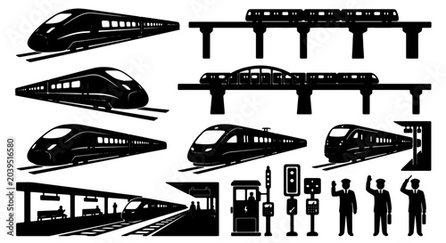 Foto Modern High-Speed Train Collection, Futuristic Bullet Train Icons, Railway Stati