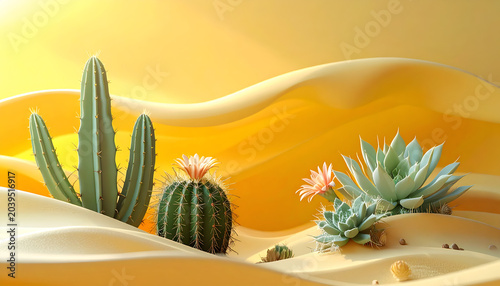 Desert landscape with vibrant succulents and cacti under a warm golden sky 3D render