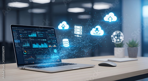 Digital data analysis on laptop screen with cloud computing and global network icons futuristic tech concept