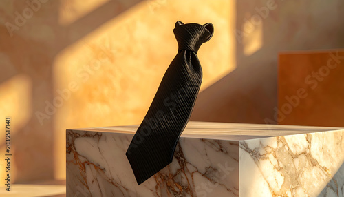Elegant black textured necktie standing upright on a marble pedestal dramatic lighting