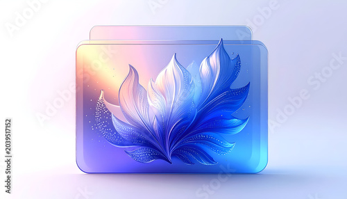 Elegant blue lotus flower emerging from frosted glass folder icon on pastel background