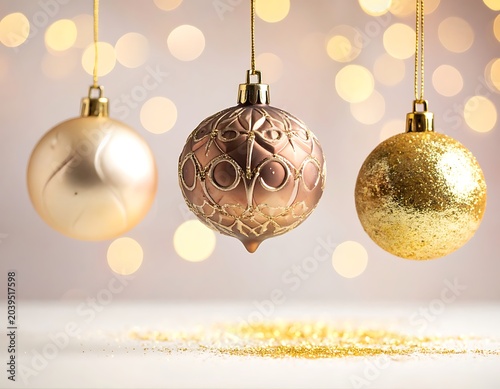 Three shiny Christmas ornaments hanging from strings