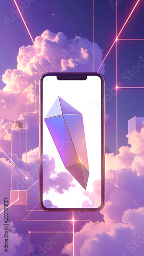 Futuristic 3D render of a geometric crystal on a smartphone screen against a pastel sky